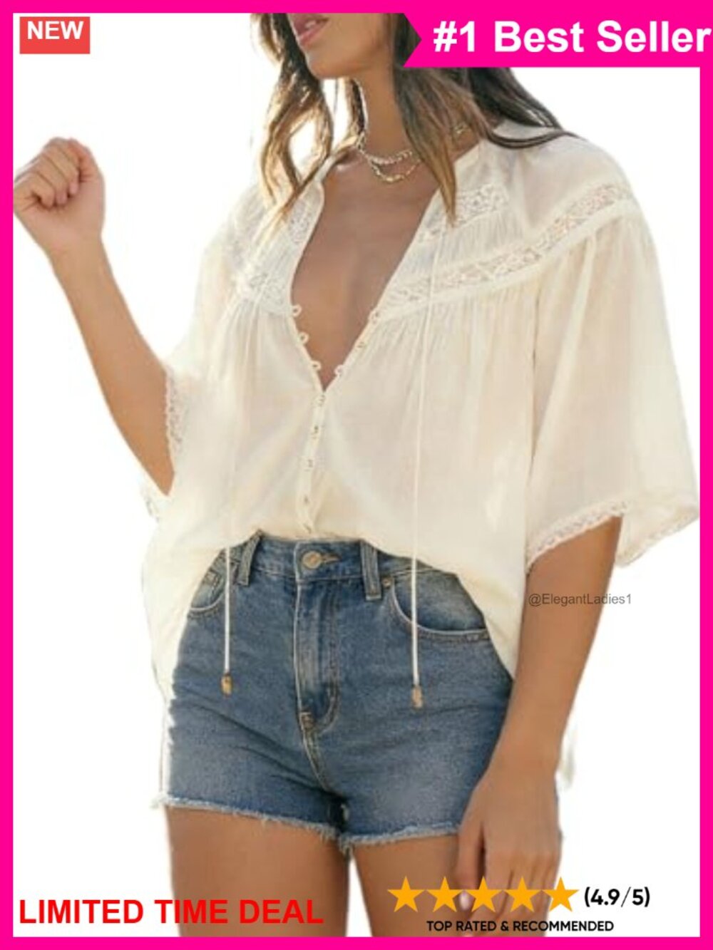 Boho Tie Front Blouse Embroidered Lace Chiffon Puff Sleeve Top